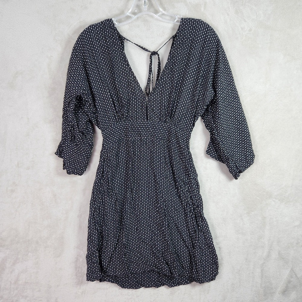 Billabong Polka Dot Mini Dress Womens Small Black V-Neck Smocked Waist‎ Boho